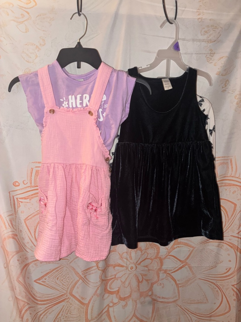 Girls Pink Gauze Overall Dress with Lavender Tee & A Navy Set